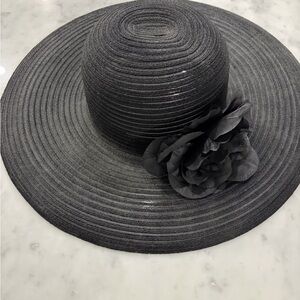 Elegant black Wide-Brim Hat with Floral Accent